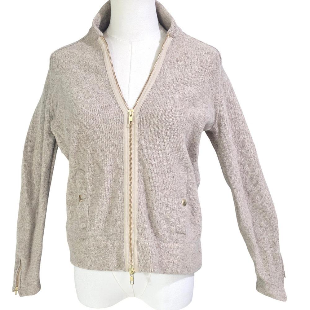 J.Crew Merino Wool Metallic Zip Cardigan Women M Beige Excellent Bomber Sweater
